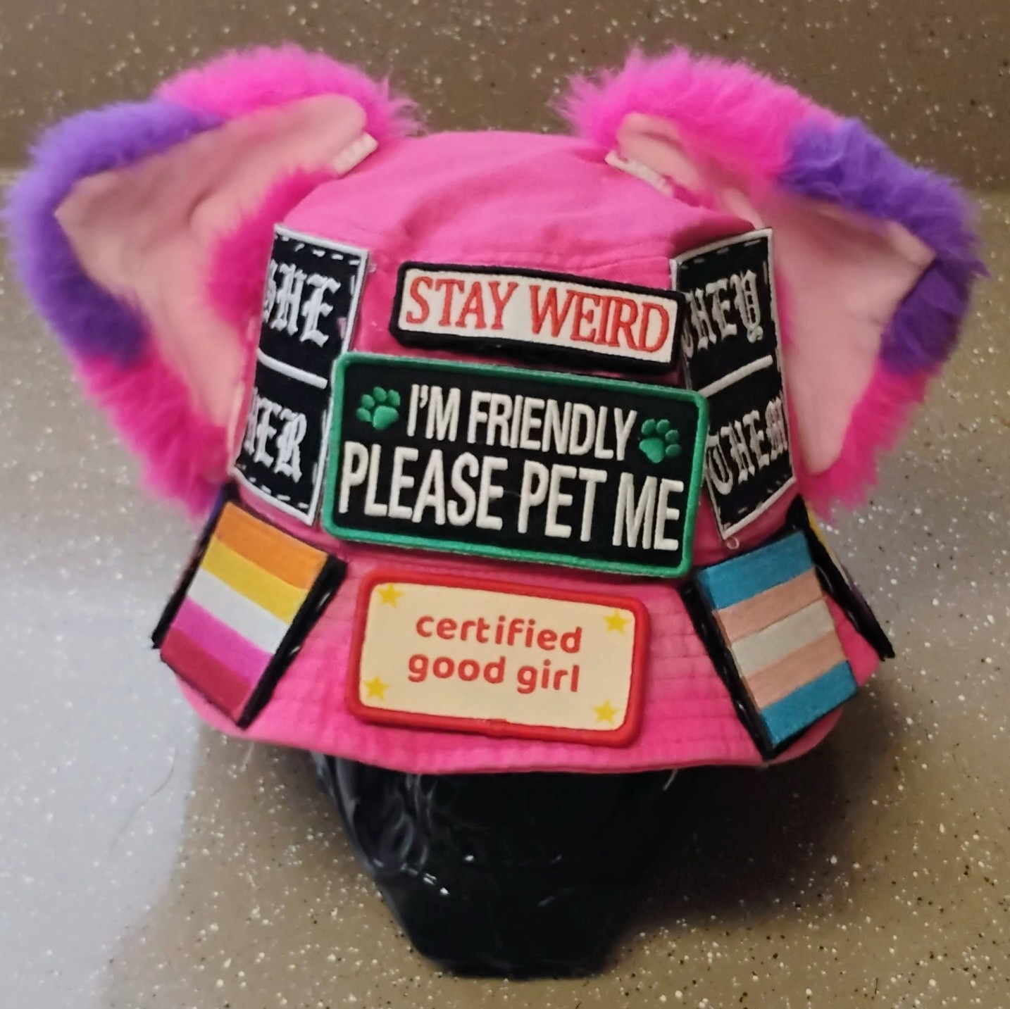 front of vanta's own pink cat ear hat