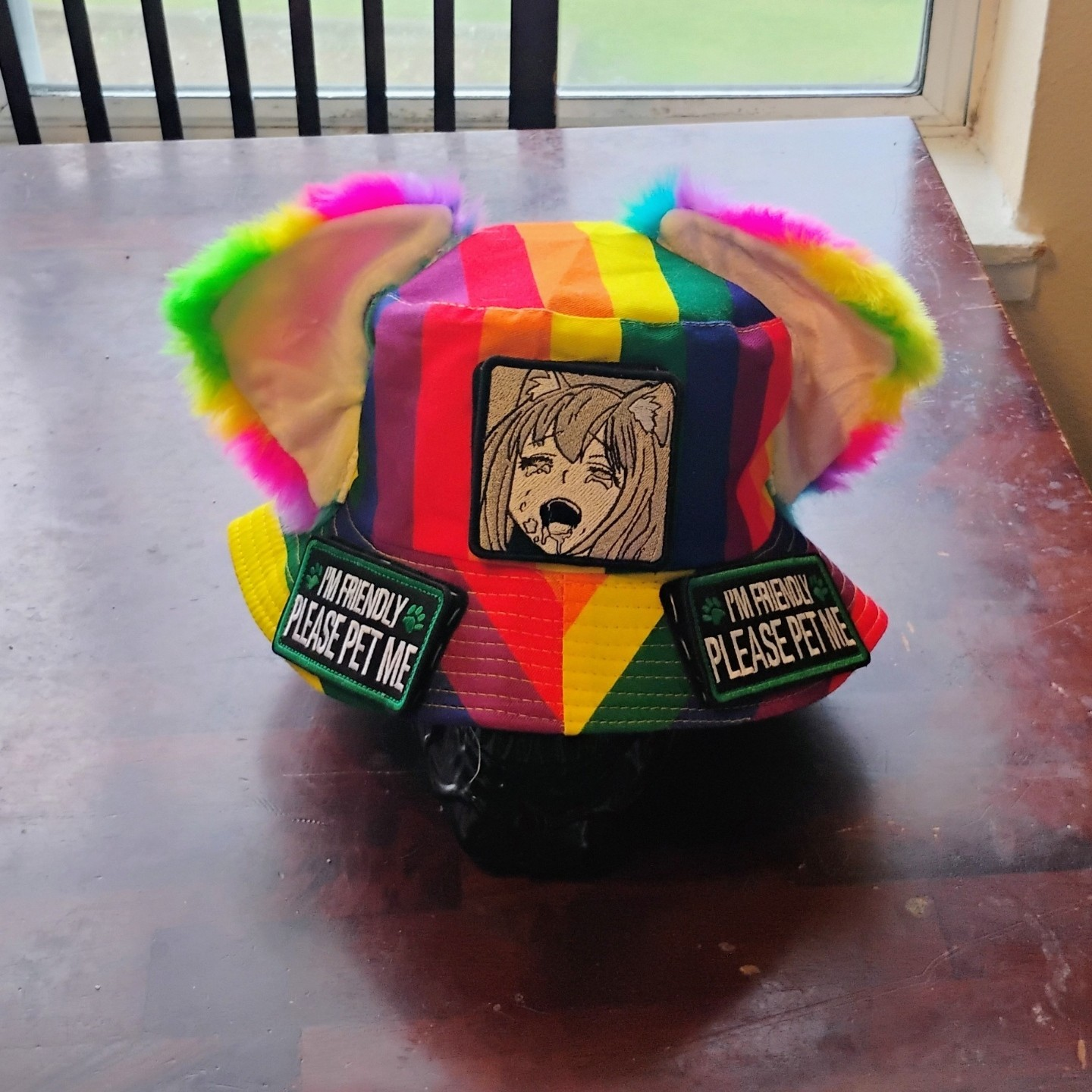 front of vanta's own rainbow ahaegao cat ear hat